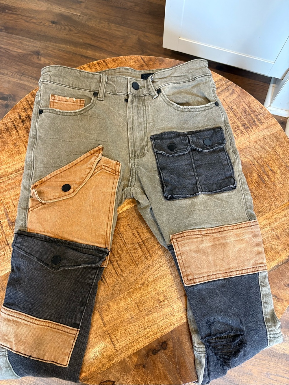 Men's Patchwork Cargo Jeans in Olive with Tan and Black Accents